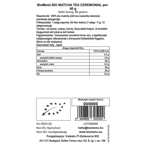 BioMenü bio Matcha Čaj Ceremoniálny prášok 60 g dátový štítok