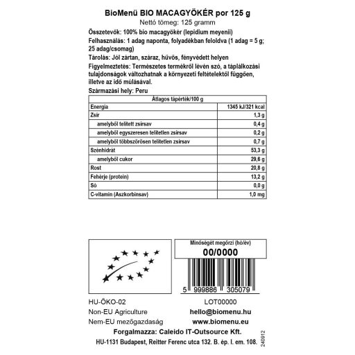 BioMenü bio Maca prášok 125 g dátový štítok