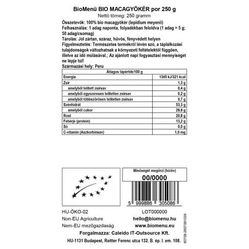 BioMenü bio Maca prášok 250 g dátový štítok