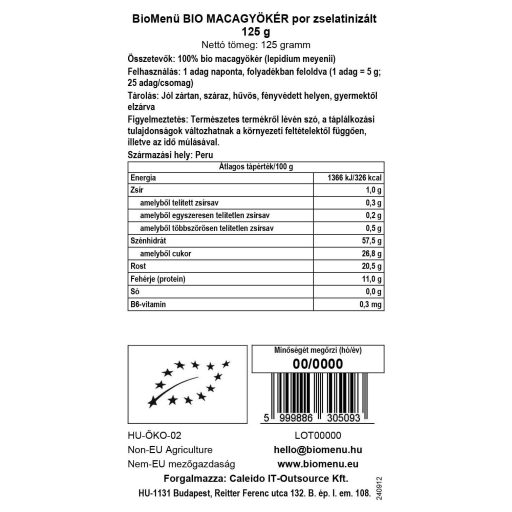 BioMenü bio Maca gelatinizovaná prášok 125 g dátový štítok