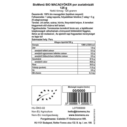 BioMenü bio Maca gelatinizovaná prášok 125 g dátový štítok