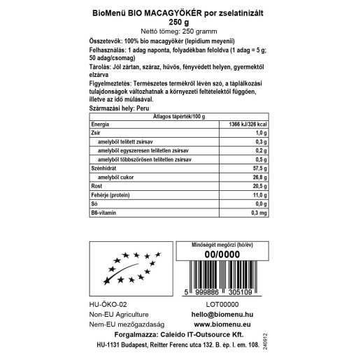 BioMenü bio Maca gelatinizovaná prášok 250 g dátový štítok