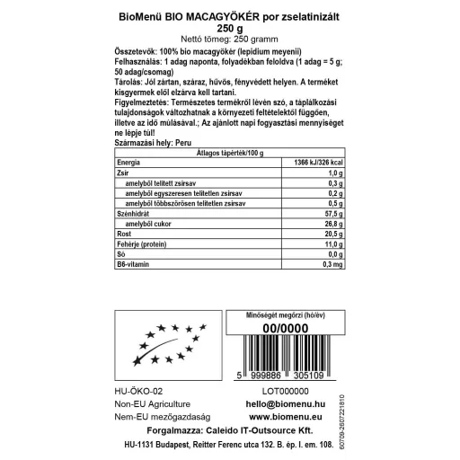 BioMenü bio Maca gelatinizovaná prášok 250 g dátový štítok