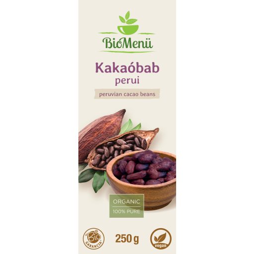 BioMenü bio Kakaové Bôby z Peru 250 g štítok