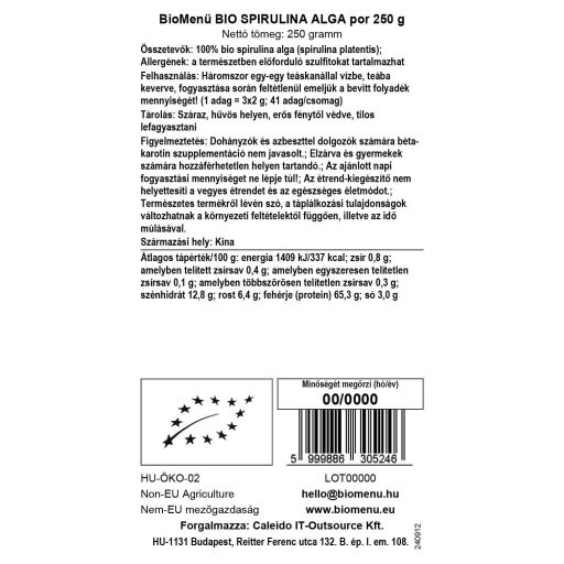 BioMenü bio Spirulina prášok 250 g dátový štítok