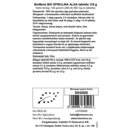 BioMenü bio Spirulina tabletky 125 g dátový štítok