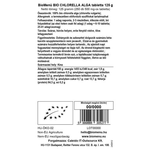 BioMenü bio Chlorella tabletky 125 g dátový štítok
