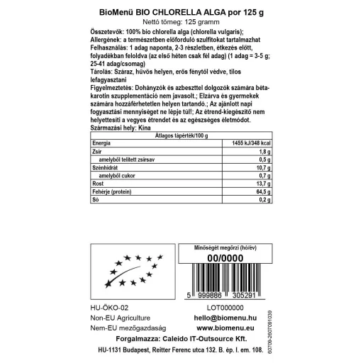 BioMenü bio Chlorella prášok 125 g dátový štítok