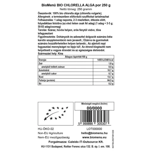 BioMenü bio Chlorella prášok 250 g dátový štítok