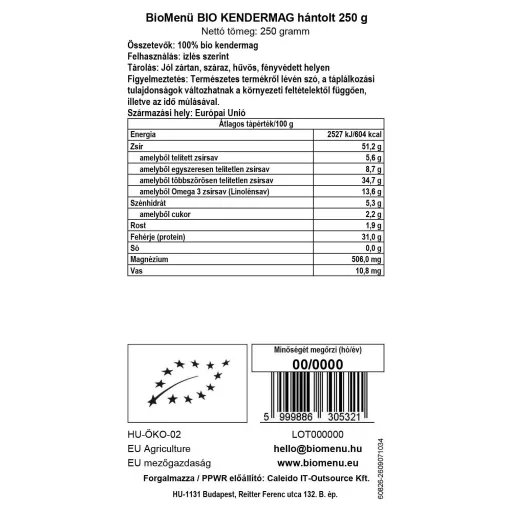 BioMenü bio Konopné Semienka lúpané 250 g dátový štítok