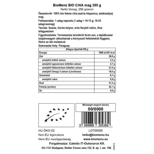 BioMenü bio Chia semienka 250 g dátový štítok