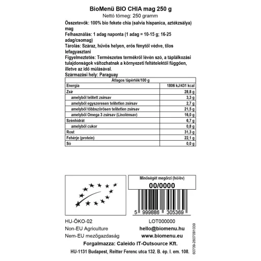BioMenü bio Chia semienka 250 g dátový štítok