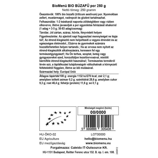 BioMenü bio Pšeničná Tráva prášok 250 g dátový štítok
