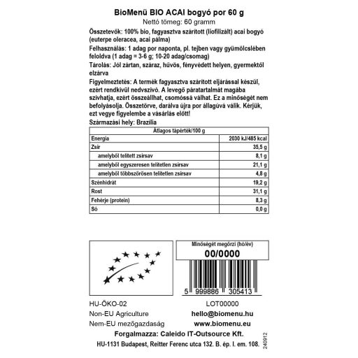 BioMenü bio Acai Bobule prášok 60 g dátový štítok