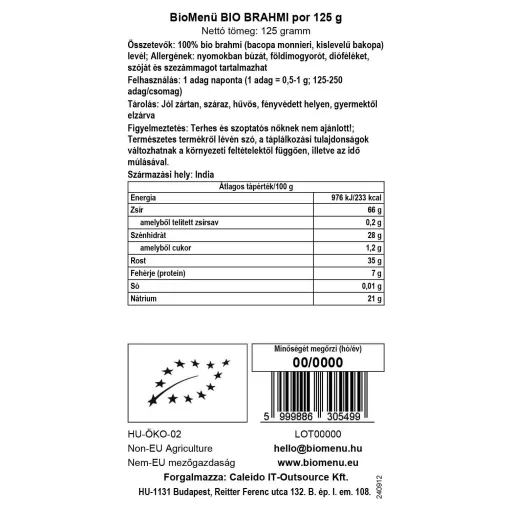 BioMenü bio Brahmi prášok 125 g dátový štítok