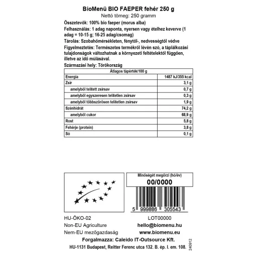 BioMenü bio Moruša Biela 250 g dátový štítok