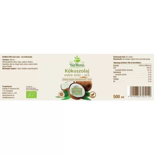 BioMenü bio Kokosový olej extra panenský VCO 500 ml suroviny
