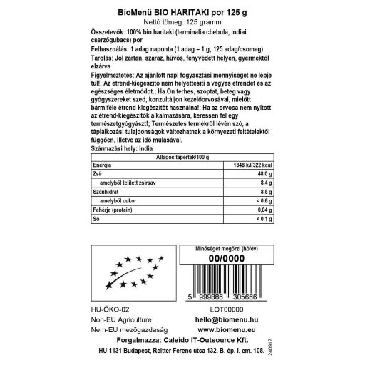 BioMenü Bio Haritaki prášok 125 g dátový štítok