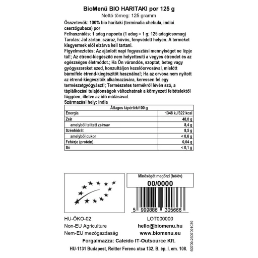 BioMenü Bio Haritaki prášok 125 g dátový štítok