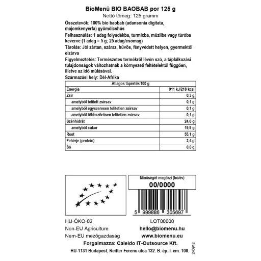 BioMenü bio Baobab prášok 125 g dátový štítok