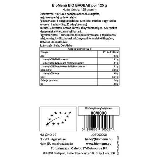 BioMenü bio Baobab prášok 125 g dátový štítok