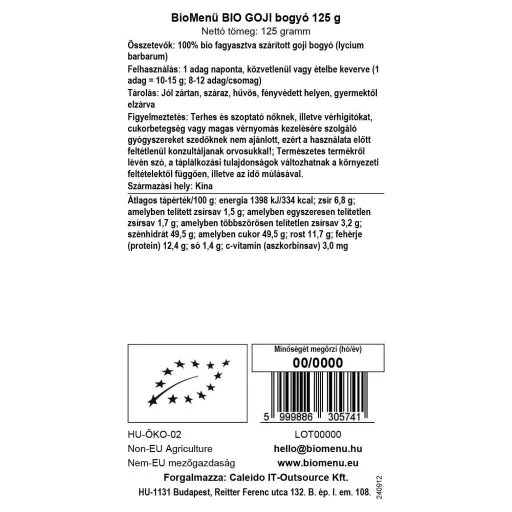 BioMenü bio Goji Bobule sušené 125 g dátový štítok