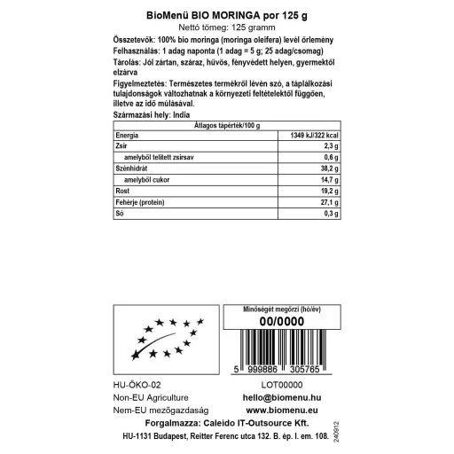 BioMenü bio Moringa prášok 125 g dátový štítok