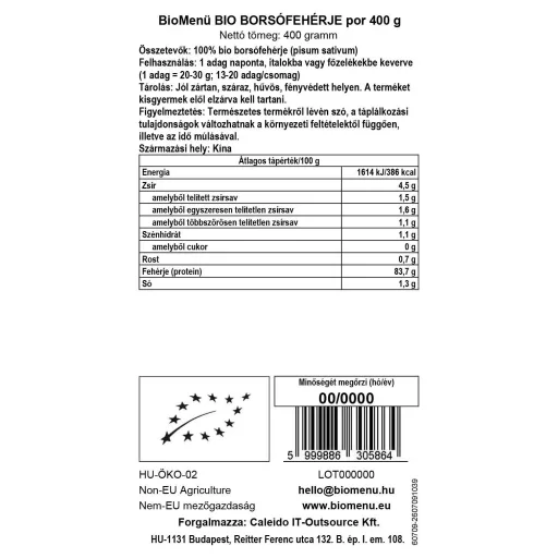BioMenü bio Hrachový Proteínový prášok 400 g dátový štítok