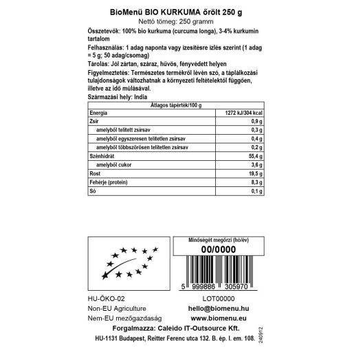 BioMenü bio Kurkuma mletá 250 g dátový štítok