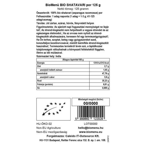 BioMenü bio Šatavari prášok 125 g dátový štítok