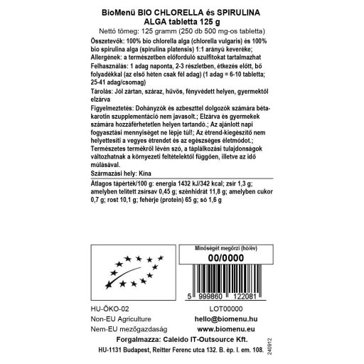 BioMenü bio Chlorella a Spirulina tabletky 125 g dátový štítok