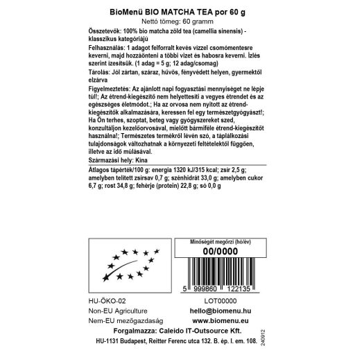 BioMenü bio Matcha Čaj prášok 60 g dátový štítok