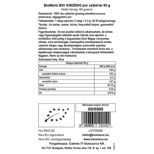 BioMenü bio Sibírsky Ženšen prášok 60 g dátový štítok