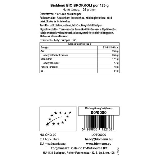 BioMenü bio Brokolice prášok 125 g dátový štítok