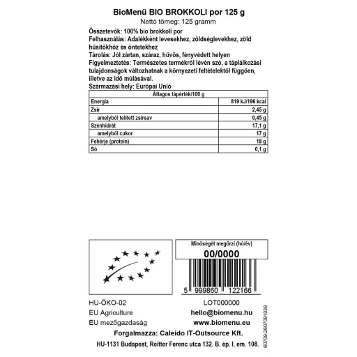 BioMenü bio Brokolice prášok 125 g dátový štítok