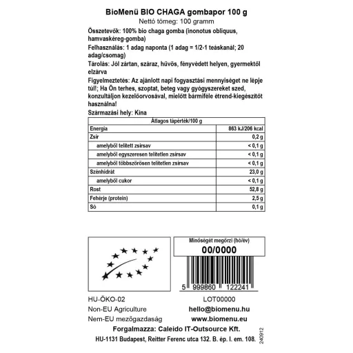 BioMenü bio Chaga Hubový prášok 100 g dátový štítok