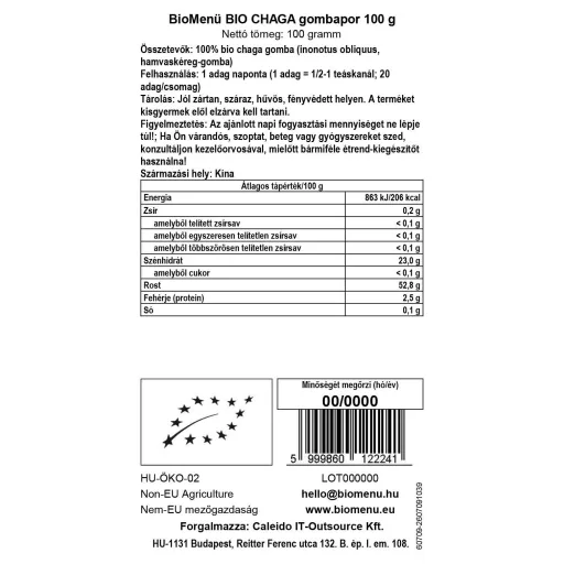 BioMenü bio Chaga Hubový prášok 100 g dátový štítok