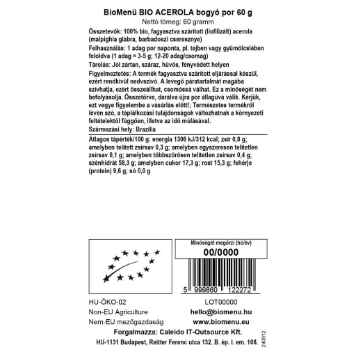 BioMenü bio Acerola Bobule prášok 60 g dátový štítok