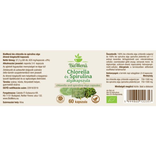 BioMenü bio Chlorella a Spirulina kapsuly 60 ks štítok
