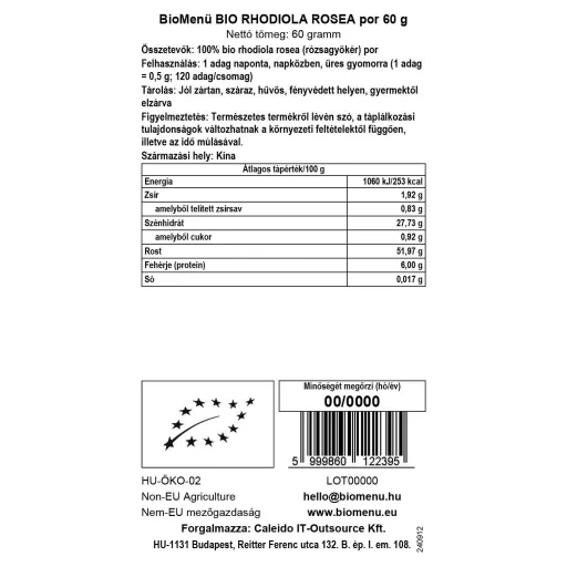 BioMenü bio Rhodiola Rosea prášok 60 g dátový štítok