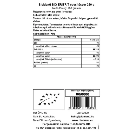 BioMenü bio Erytritol Sladidlo 250 g dátový štítok