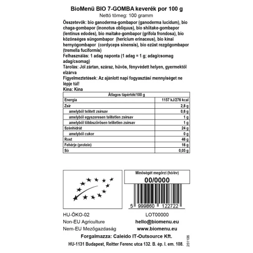 BioMenü bio 7 Hubová Zmes prášok 100 g dátový štítok