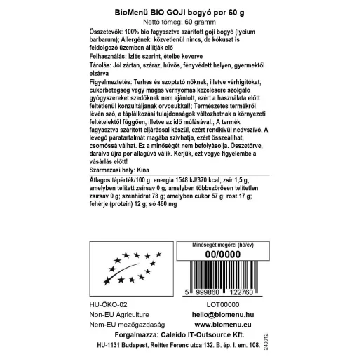 BioMenü bio Goji Bobule prášok 60 g dátový štítok