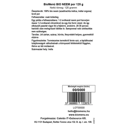 BioMenü BIO NEEM por 125 g KÖZEL A LEJÁRAT DÁTUMÁHOZ