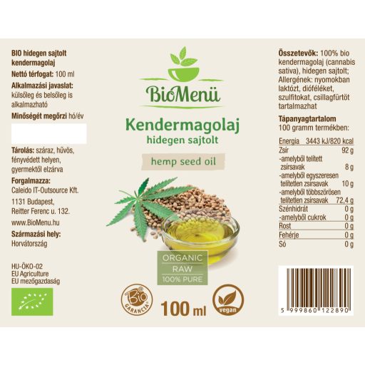 BioMenü BIO KENDERMAGOLAJ 100 ml címke