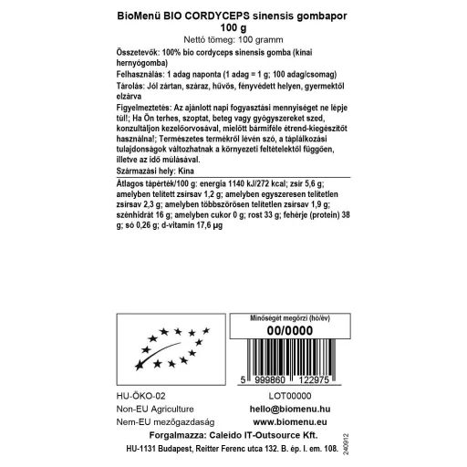 BioMenü Bio Cordyceps sinensis Hubový prášok 100 g dátový štítok