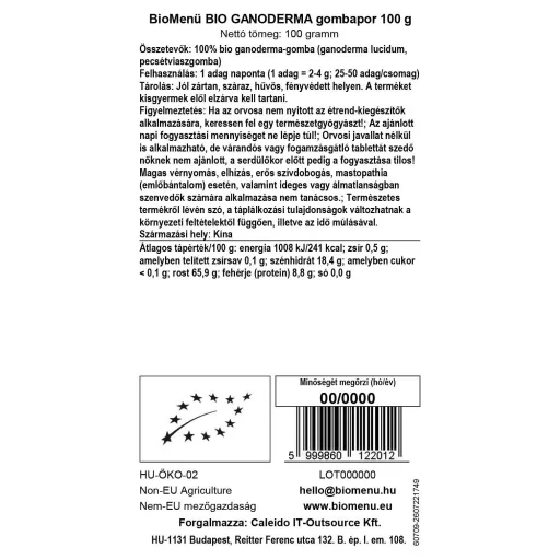 BioMenü Bio Cordyceps sinensis Hubový prášok 100 g dátový štítok