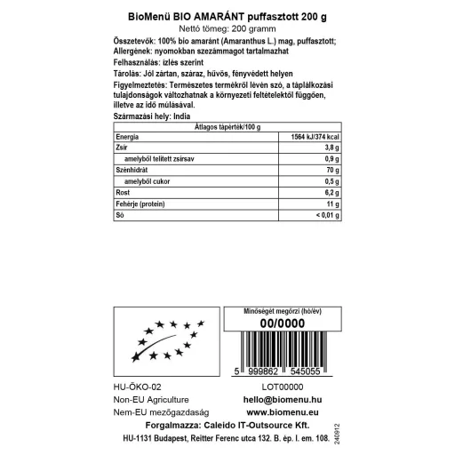 BioMenü Bio Amarant pufovaný 200 g dátový štítok