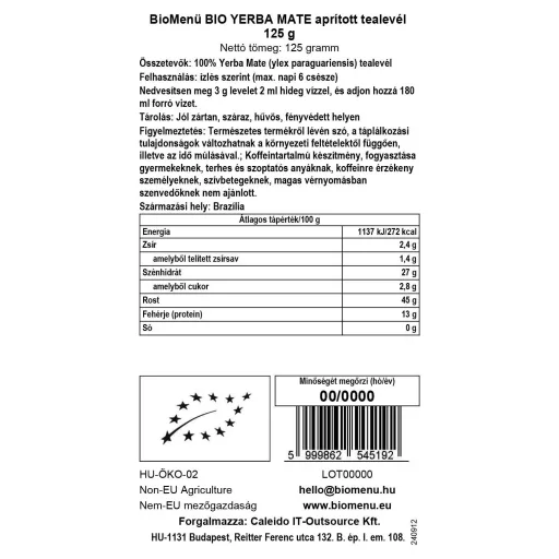 BioMenü Bio Yerba Maté krájané čajové lístky 125 g dátový štítok