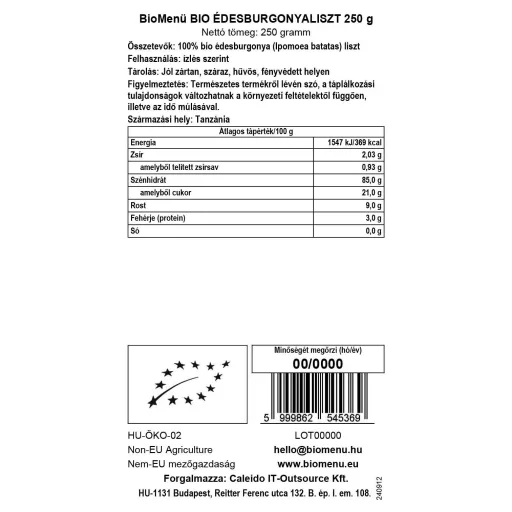 BioMenü Bio múka zo Sladkých Zemiakov 250 g dátový štítok